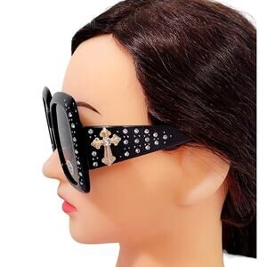 NEW Womens Sunglasses BLING Black SQUARE Gold CROSS Rhinestones Oversize